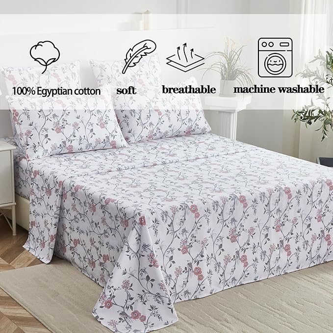FADFAY Sheets Set Twin XL Rustic Bird Floral College Bedding Vintage Botanical Dorm Sheets Shabby Branches Bedding 100% Egyptian Cotton Soft Sets with Deep Pocket Fitted Sheet 4Pcs, Twin XL Size