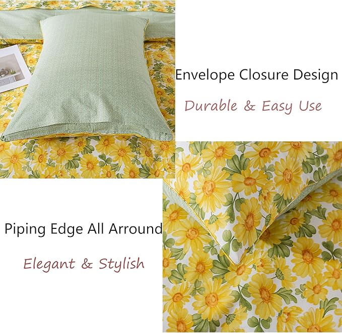 FADFAY Sunflower Duvet Cover Set Vintage Yellow Daisy Floral Bedding Shabby Botanical Comforter Cover Set 100% Cotton Ultra Soft Quilt Cover with Hidden Zipper Closure 3Pcs, King/California King Size