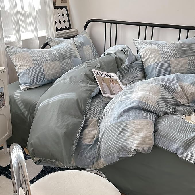 Farmhouse Twin XL Geometric Patchwork Comforter Set with Fluffy Plaid Striped Comforter and 2 Pillowcases for All Season Bedding