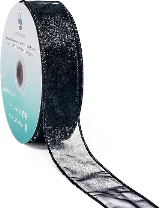 CT CRAFT LLC Sheer Organza Wired Ribbon 1.5" x 50Yards Black for Wedding Chair Bow Flora Bouquet Gift Wrapping Christmas Tree Home Decor Wreath