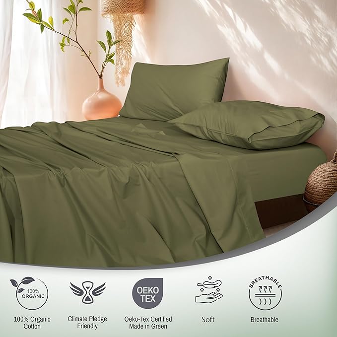 RUVANTI 100% Organic Cotton Sheets Twin Size, Percale Weave, GOTS Certified, 3-Piece Set, Deep Pocket 15", Crisp & Breathable, Soft Durable Bedding, Sábanas Algodón Orgánico – Olive