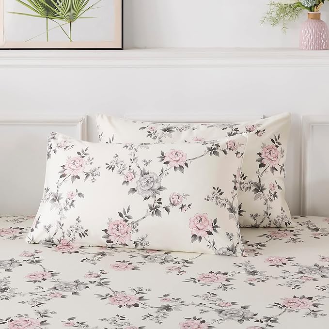 FADFAY Floral Sheets Set Twin XL Vintage Rose Floral Bedding Shabby Grey and Pink Peony Printed College Dorm Bedding 800 Thread Count 100% Egyptian Cotton Deep Pocket Fitted Sheet 4Pcs, Twin XL Size