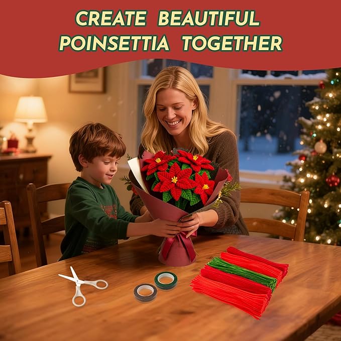 500Pcs Special Poinsettia Pipe Cleaners Craft Kit, All-in-One DIY Christmas Flower Making Supplies with Chenille Stems, Floral Wire, Floral Tape, Stamen, Ribbon for Holiday Decorations