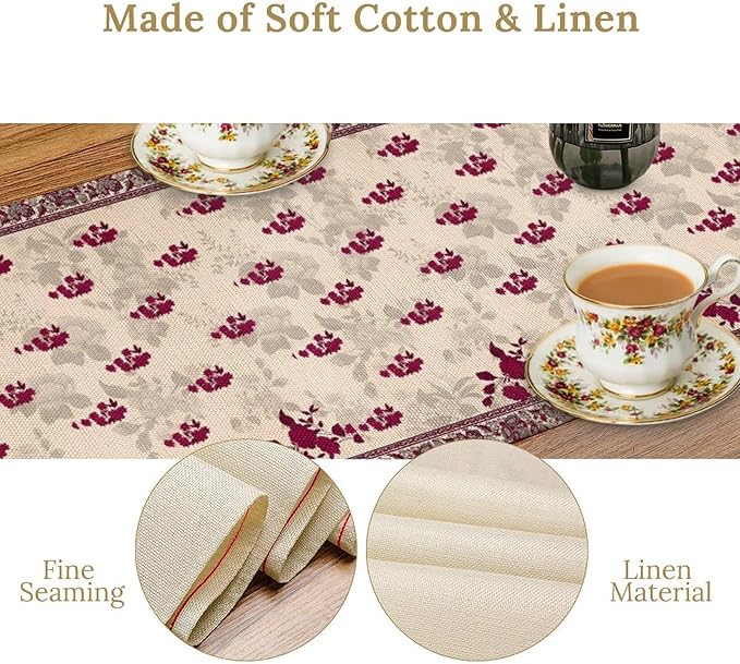 Elegant Floral Table Runner, Vintage Burgundy Maroon Flowers Classic Art Table Decoration Runner for Kitchen Dining Holiday Party Wedding Home Decor, 13x90 Inch