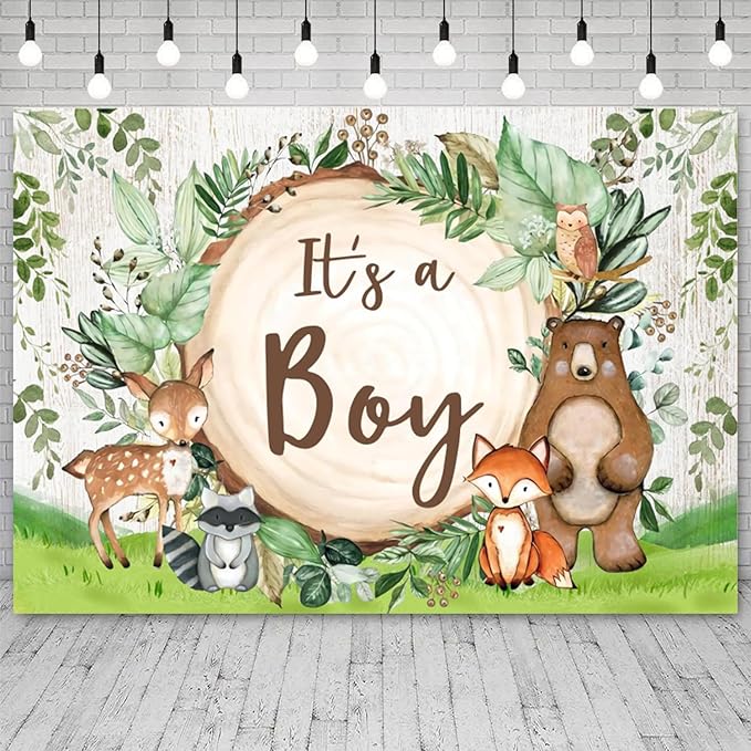 15x10ft Woodland Baby Shower Backdrop It's a Boy Photography Background Jungle Green Grass Safari Animals Bear Fox Baby Boys Party Banner Decorations Newborn Portrait Photo Booth Prop