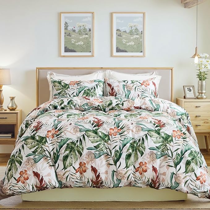 Bedding_Dreamer 100% Cotton Comforter Set Floral King Bedding Green Palm Leaf Comforter Set Botanical Home Decor 3 Pcs with 2 Pillowcases Reversible for All Season