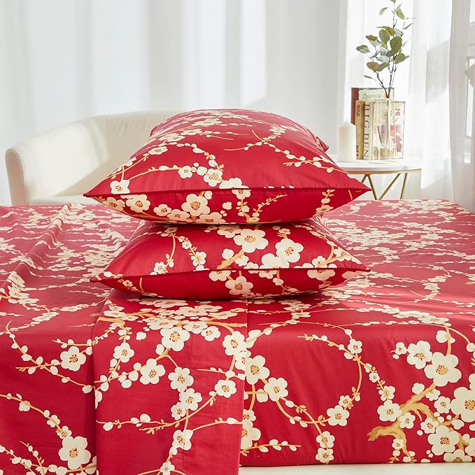 Brandream Floral Sheet Set King Size Japanese Oriental Style Cherry Red Blossom Flower Branches Print Chinoiserie Bedding Pillowcases Set 800TC Egyptian Cotton Sateen Botanical Tree Deep Pocket, 4 Pcs