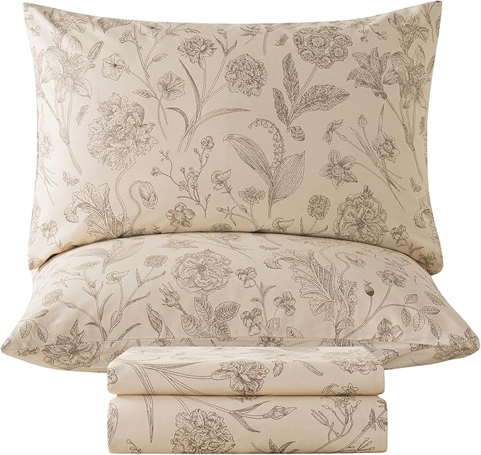 Zusbest California King Size Sheet Sets 100% Percale Cotton Beige Floral Bed Sheet, Brushed Extra Softness, Breathable Toile Flannel Sheets Like Khaki Flower Print Deep Pocket Sheets 17.5'' 4 Pcs