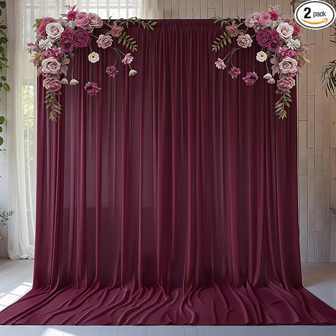 10ft x 10ft Burgundy Backdrop Curtains, Wrinkle-Free Sheer Chiffon Fabric Photo Backdrop Drapes for Wedding Arch Party Ceremony Stage Photography Decorations