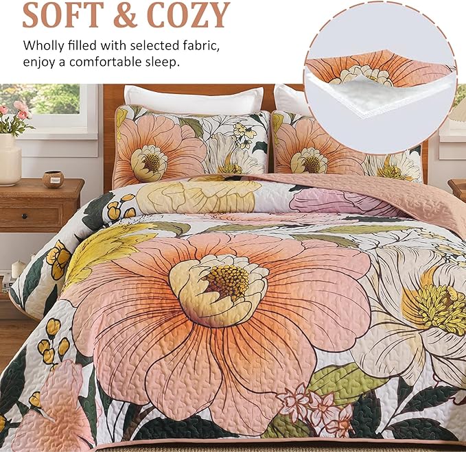 Dintszyayue Pink Quilt Set Queen,3 Pieces Floral Bedspreads Lightweight Coverlet Set for All Seasons, Reversible Quilted Printed Bedding Set with 2 Pillow Shams