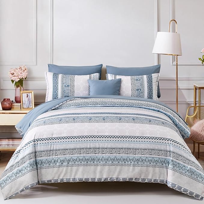 Cottolester Boho Comforter Set Queen Size Light Blue Comforter Set 8 Piece Bed in a Bag Paisley Floral Bedding Sets All Season