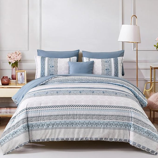 Cottolester Boho Comforter Set Queen Size Light Blue Comforter Set 8 Piece Bed in a Bag Paisley Floral Bedding Sets All Season