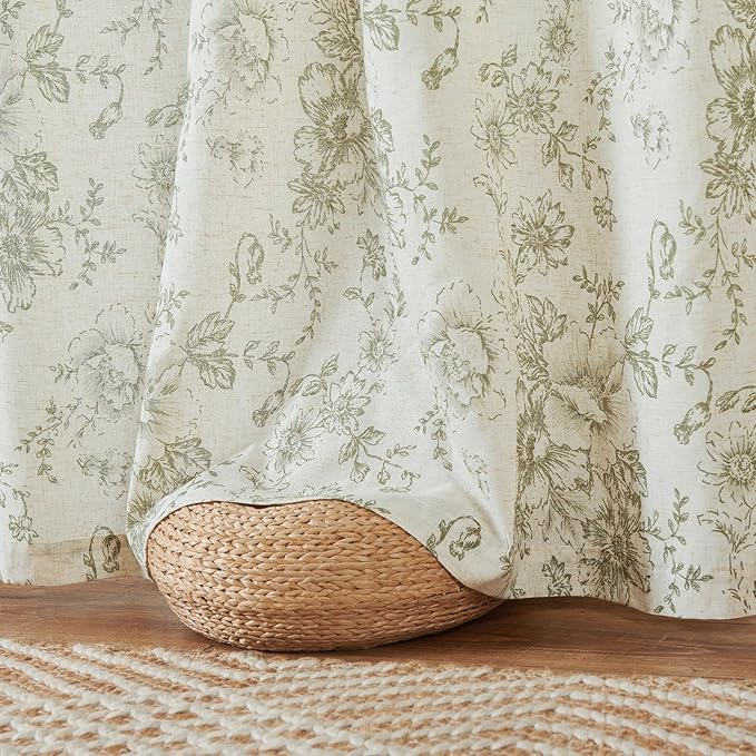 jinachan Linen Floral Curtains Extra Wide for Patio Sliding Glass Door Room Divider Curtain for Living Room Christmas Drapes 108 Inch Length Farmhouse Peony Green Printed Curtain Set 1 Panel