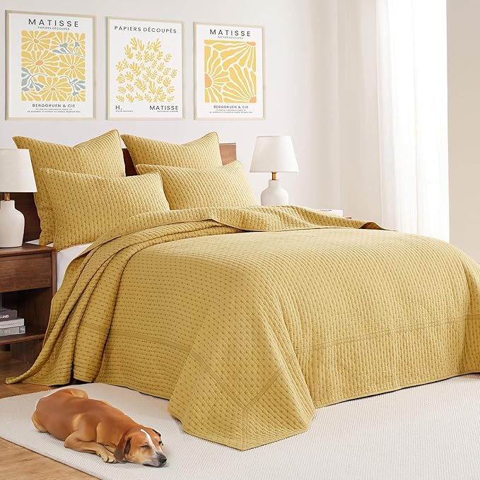 Levtex Home Cross Stitch Reversible Twin Bedspread Set (84x104in) with 1 Pillow Sham (26x20in) - Stitch Texture - Ochre - Cotton Twin Size Bedspread Set - Lightweight, Soft, Pre-Washed