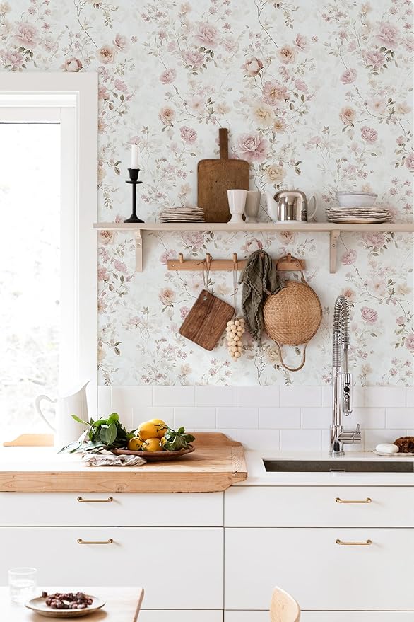Vintage Floral Peel and Stick Wallpaper Pink Vintage Contact Paper 17in×118in Pink Rose Wallpaper Self Adhesive Removable Boho Wall Paper Waterproof for Bathroom Bedroom Decorative Vinyl Roll