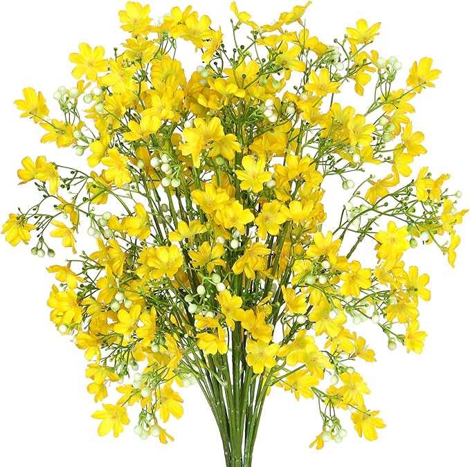 Artificial Flowers 8PCS Silk Flowers with Long Stems, Fake Flowers Bulk Fake Babys Breath, Yellow Flowers for Tall Vase Outdoor Garden Wedding Party Home Table Centerpiece