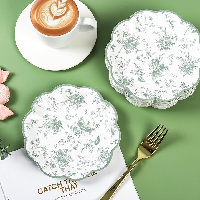 24Pcs Sage Green Floral Party Plates Vintage Floral Leaf Disposable Paper Plates Wildflower Toile 7" Scalloped Rim Dessert Plate for Christmas Birthday Bridal Tea Party Supplies