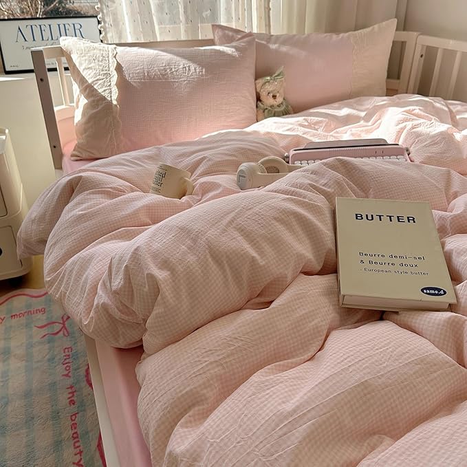 LifeTB Pink Gingham Duvet Cover Queen Size 3 Pieces Romantic Lace Duvet Cover Pink Plaid Checkered Comforter Cover with 2 Pillowcases Soft Breathable Microfiber Grid Farmhouse Plaid Bedding Set