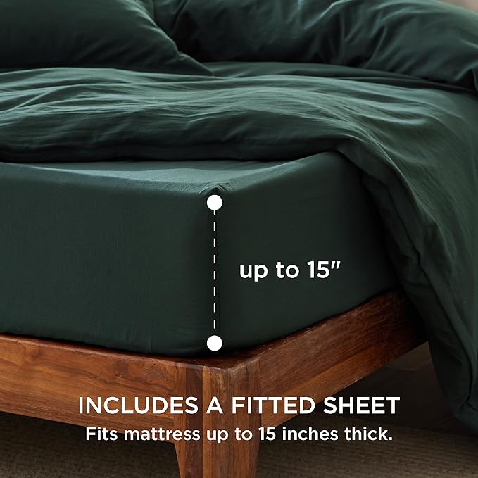 Bedsure Duvet Cover King Size with Fitted Sheet - 4 Pieces Prewashed Cotton-Like Extra Soft Bedding Set, Includes 1 Duvet Cover 104x90 Inches, 2 Pillow Shams, 1 Fitted Sheet, Forest Green