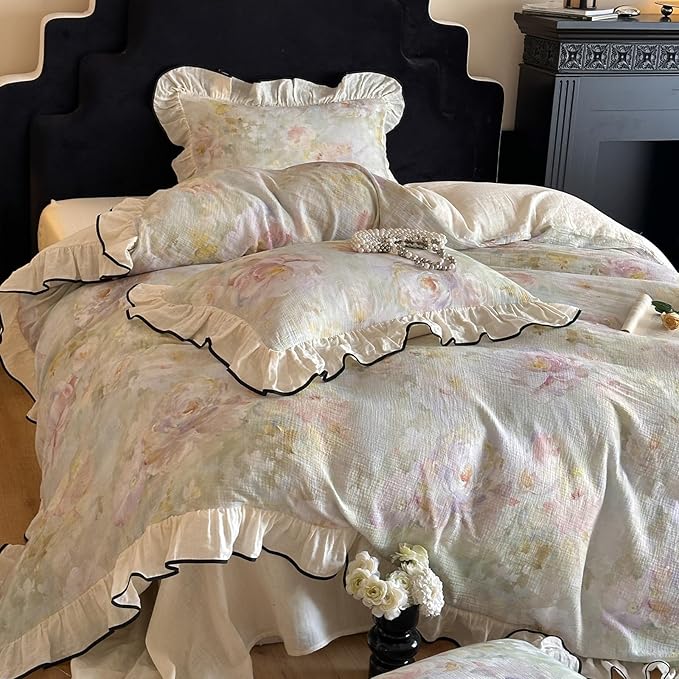 VM VOUGEMARKET Chic Floral Duvet Cover Full with Romantic Ruffles 100% Organic Cotton,Soft Textured Gauze Weave Comforter Cover with Zip Closure and Corner Ties- 80"x90"