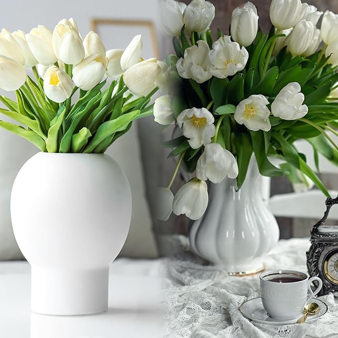 Sggvecsy 15 Pcs Fake Tulips Artificial Flowers Real Touch PU Faux Flowers Tulip Stems for Wedding Spring Bouquet Floral Arrangement Home Party Office Decorations for Mother's Day (Green White)