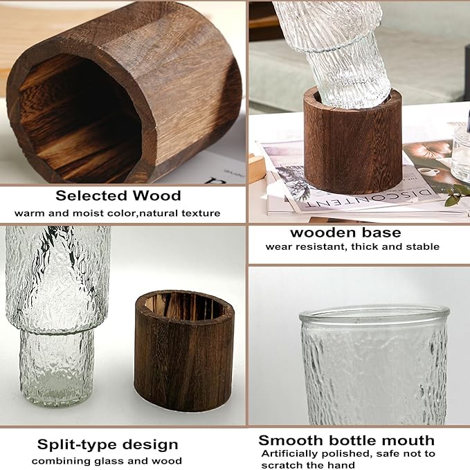 10 Inch Large Artistic Wood Base Glass Cylinder Flower Vase, Ins Modern Boho Water Wave Style for Home Kitchen Fireplace Office Desks, Houses, Garden Decorations