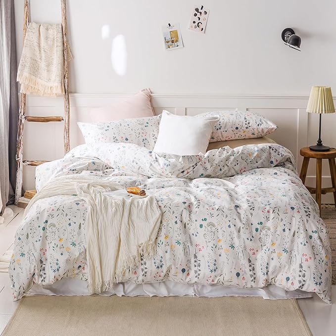 HighBuy Floral Duvet Cover Queen 100% Cotton Bedding Set Queen Girls Boys Cottagecore Bedding 3 Piece Comforter Cover Ultra Soft Garden Floral Quilt Cover with Zipper Closure