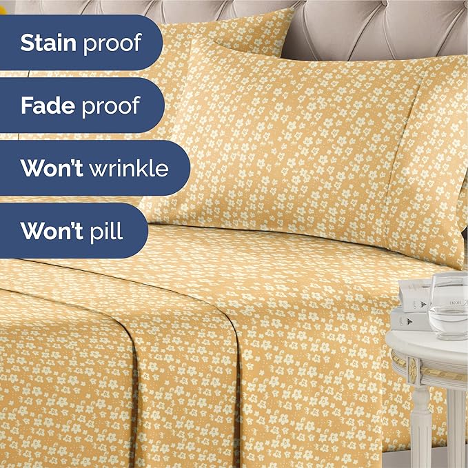 Floral Sheets - Yellow Floral Bed Sheet Set - 1 Flat, 1 Fitted & 2 Pillowcases w/ Deep Pockets - Comfy, Wrinkle & Fade Free - Boho Botanical Bedding - Ultra-Soft, Breathable & Cooling - Queen Size Set