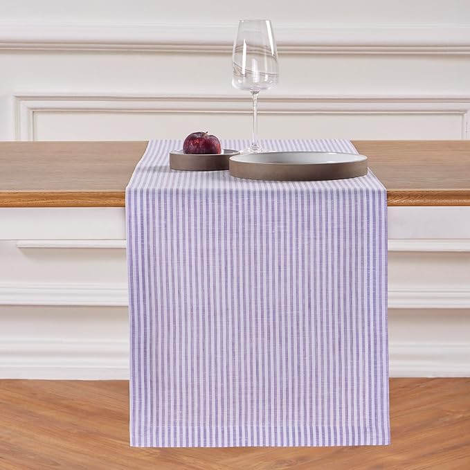 Solino Home Linen Striped Table Runner 60 Inches - Narrow Stripe, 100% Pure Linen Lavender and White Small Table Runner 14 x 60 Inch Ideal for Dresser and Coffee Tables - Valentines, Spring, Easter