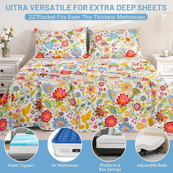 Bedlifes Queen Size Extra Deep Pocket Sheet Sets - Fits Mattresses Up to 18-24" Thick, 4-Piece Microfiber Set with 1800 Thread Count, Soft, Smooth, Breathable, Featuring Floral Spring Design