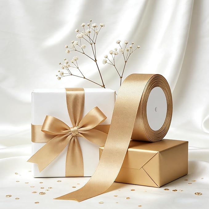 Gold Satin Ribbon 1-1/2 Inch x 2 Rolls Gold Wide Satin Fabric Ribbon for Gift Packaging, Christmas, Wedding, Flower Bouquet, Holiday Party, Invitation