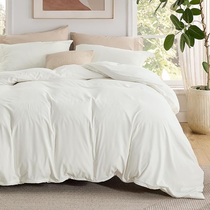Bedsure Duvet Cover with Fitted Sheet Queen - Deep Pocket, Hotel Luxury Soft Double Brushed Bedding Set with Zipper Closure, 1 Duvet Cover, 1 Fitted Sheet, 2 Pillow Shams, NO Comforter, Ivory White