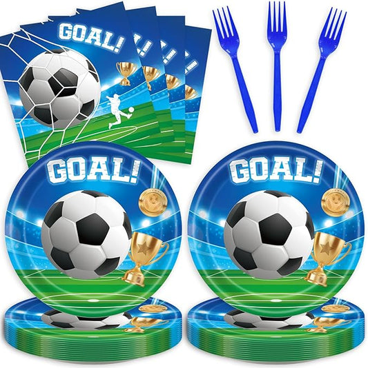 Generic 48Pcs Blue and Green Soccer Party Decorations: Plates, Napkins, Forks for 20 Guests - Soccer Birthday Party Decorations