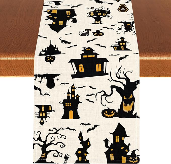 Halloween Table Runner, Retro Gothic Spoonky House Day of Death Mysterious Halloween Coffee Table Center Decor for Home Kitchen Dining Patio Holiday Party Table Decorations 13x36 inches