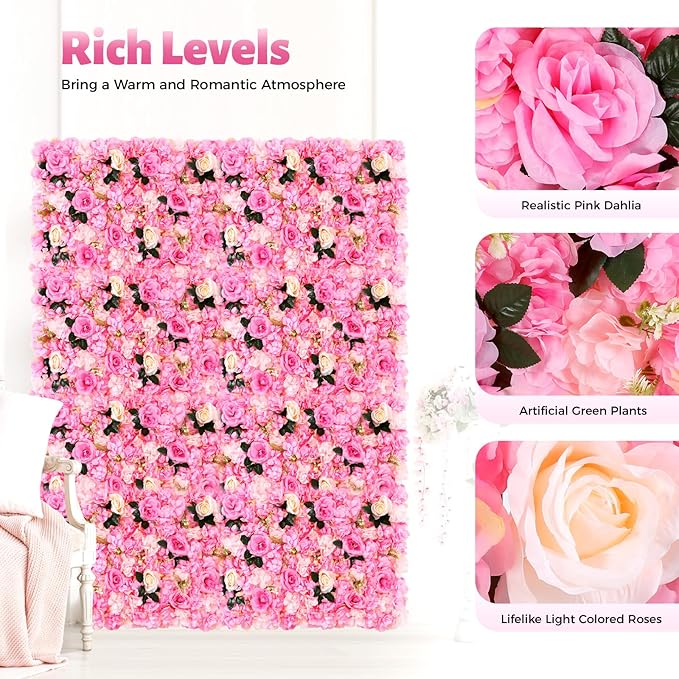 12 Pcs Artificial Flower Wall Panels, 24"x16" 3D Pink Silk Dahlia Hydrangea Rose Flowers Wall Backdrop Artificial Silk Fabric Flower Banquet Wedding Party Decor for Stage Background (Type 2)