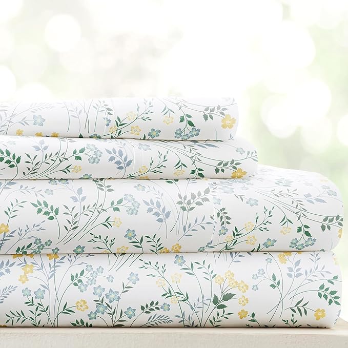 Linen Market Patterned Microfiber King Sheet Set 4 Piece – Oeko-TEX Certified Ultra Soft & Wrinkle-Free - 16" Deep Pocket Sheets - Easy Care King Size - Wildflower Light Blue