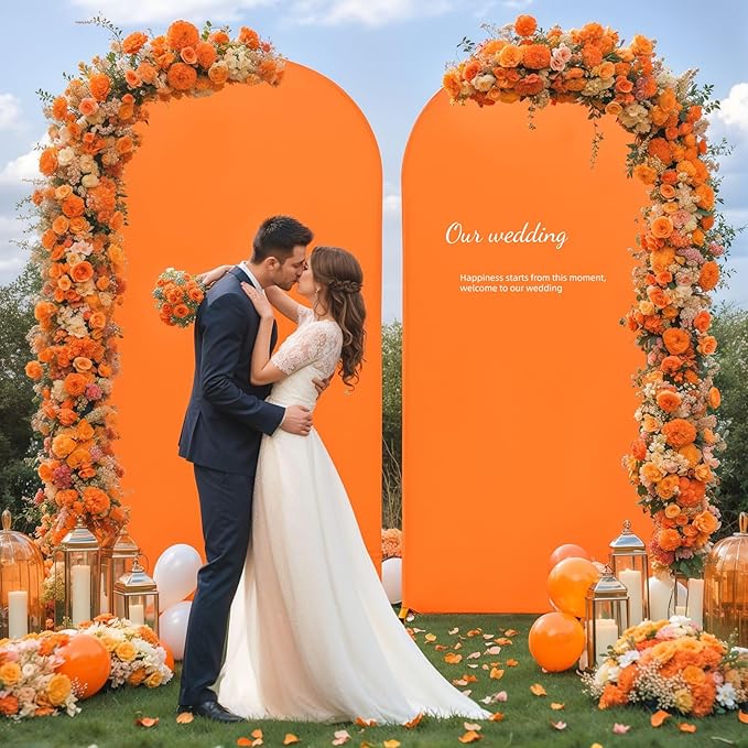 Orange Arch Backdrop Covers - 7.2FT, 6FT Spandex Fitted Wedding Arch Stand Covers Round Top Chiara Stretchy Arch Backdrop Cover for Thanksgiving Wedding Birthday Party Decoration