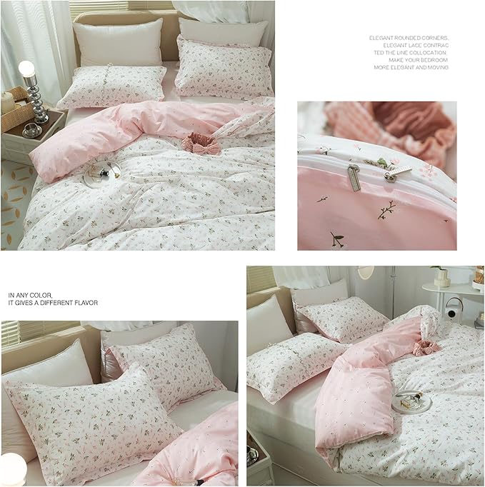 LifeTB Pink Floral Duvet Cover Queen Girls Cute Flower Pattern Duvet Cover 100% Cotton Vintage Country Bedding Cottagecore Comforter Cover with 2 Pillowcases Breathable Flower Bedding Set