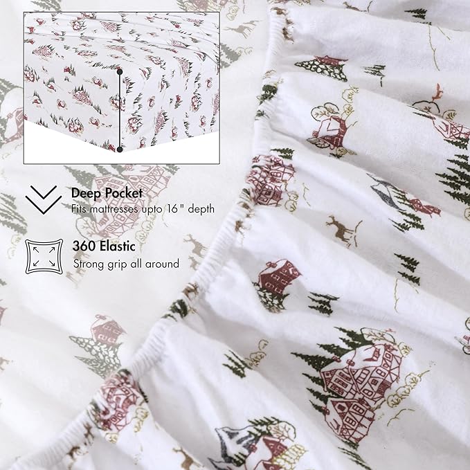 RUVANTI Flannel Sheets Queen Size - 100% Cotton Double Brushed Bed Sheets, Deep Pockets 16 Inches Queen Sheet Set, All Seasons Breathable & Extra Soft - Warm & Cozy, 4 Piece, Hilly Huts