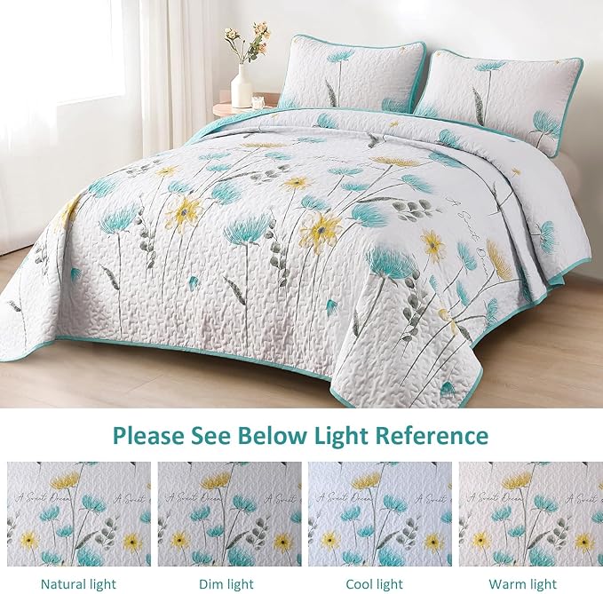 Dinjoy Floral Quilt Set Queen,Aqua Bedspread Queen Size 3 Pieces Lightweight Farmhouse Bedding Set Summer Fall Quilts Soft Flower Bedspreads White Coverlet Sets for All Season