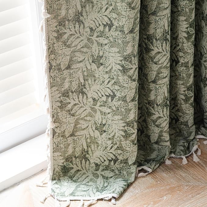 ENJOYBRIDAL Green Leaf 84 Inch Curtains 2 Panel Set Farmhouse Floor Length Drapes Semi Sheer Rod Pocket Bedroom Rustic Window Curtain Panels Living Room Boho Aesthetic Country Tassel Window Treatments
