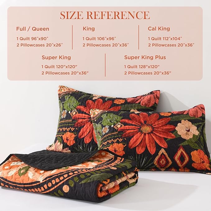 Andency Floral Boho Super King Quilt Bedding Set Black, 3 Pieces Farmhouse Flower Botanical Bedspreads with 2 Shams, Soft Reversible Lightweight Microfiber Coverlet Set for All Season, 120"x120"