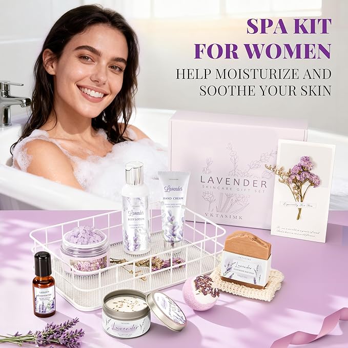 Gifts for Women, Lavender Bath and Body Gift Basket Relaxing Spa Self Care Gift, Mothers Day Gifts Happy Birthday Gift Baskets, Thank You for Mom Her Sister Wife Girlfriend Teacher Friends Friendship