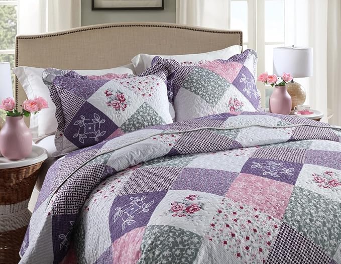 Travan Bedspread Quilt Set 3-Piece Lightweight Coverlet Set with Shams Reversible Quilted Bedding Set for All Season, Purple Floral, King Size