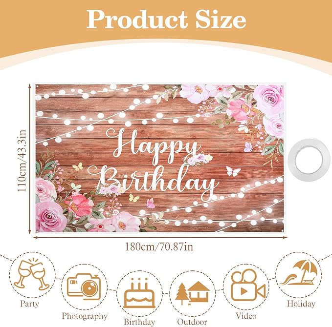 Happy Birthday Backdrop Banner Decorations Pink Floral Birthday Banner for Women Girls Glitter Lights Rustic Wood Birthdays Background for Backdrop Party Decorations 70.87x43.3in