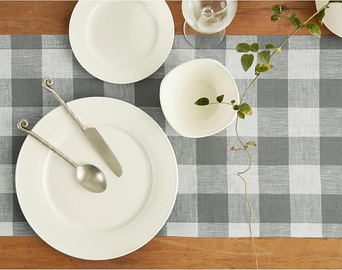 Solino Home Linen Checkered Table Runner 120 Inches Long - 100% Pure Linen Grey and White Buffalo Check Table Runner 14 x 120 Inch Ideal for Dining, Spring, Easter