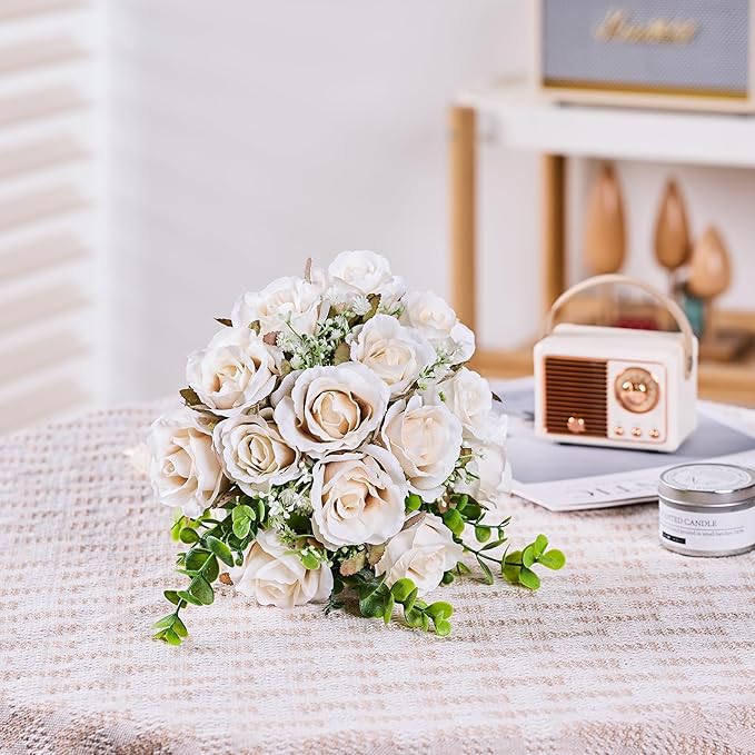 Wedding Bouquets Large for Bride, Wedding Silk Artificial Flowers 14pcs White Champagne Roses 10 in Fake Flowers for Wedding Party, Ceremony, Anniversary & Home Decor(Come with 4 kinds of Ribbons)