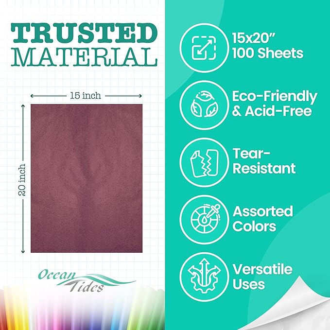 Ocean Tides 100 Sheets (14 x 20 Inches) Christmas Wrapping Paper – Gift Wrapping Tissue Paper Bulk for Crafts, Birthdays, & Holidays – Colored Tissue Papers for Gift Bags & Decorations, Purple