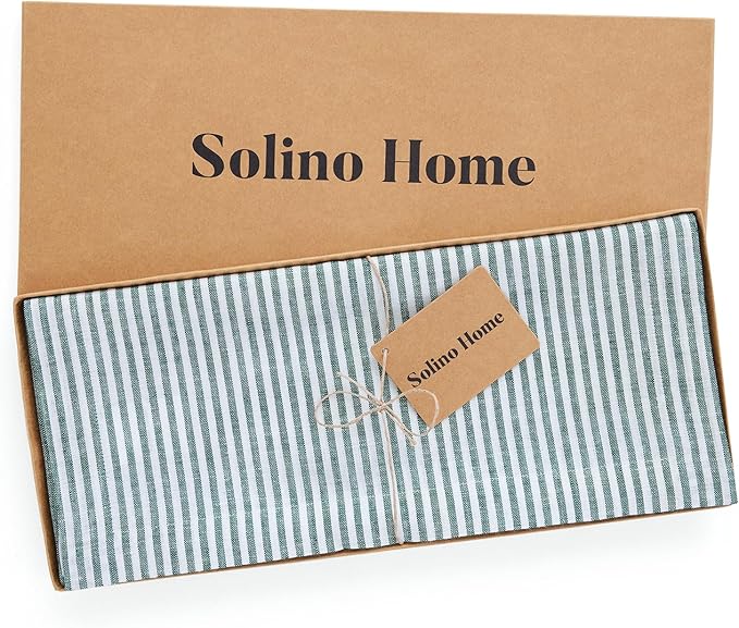 Solino Home Linen Striped Table Runner 108 Inches Long - Narrow Stripe 100% Pure Linen Rainforest and White Dining Table Runner 14 x 108 Inch for St Patricks Day