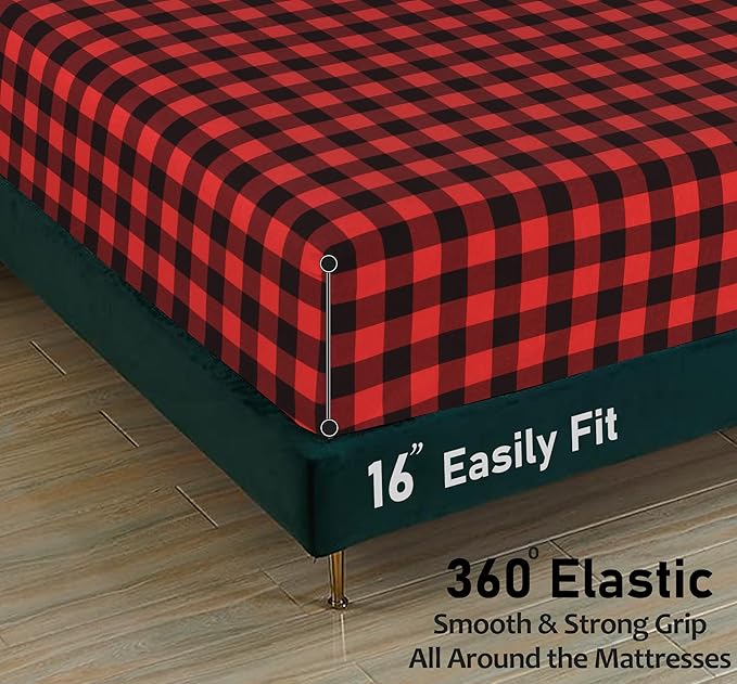 RUVANTI Flannel Sheets Twin XL Size - 100% Cotton Double Brushed Twin XL Sheet Sets, Deep Pockets 16 Inches, All Seasons Breathable & Extra Soft Bed Sheets, Warm & Cozy, 3 Piece, Red & Black Plaid